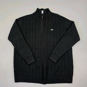 Lacoste Sweater‎ Cable Knit Black Quarter Zip Mens Size 8 3XL Pullover